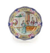 A Chinese export famille rose plate, Qianlong period,finely painted with figures in a pavilion