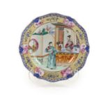 A Chinese export famille rose plate, Qianlong period,finely painted with figures in a pavilion