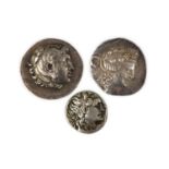 Three Ancient Greek AR Tetradrachm,Islands off Thrace, Thasos , 90-75 BC. Wreathed head of young