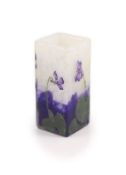 A Daum ‘Violets’ cameo glass square vase, signed ‘Daum Nancy’ with Cross of Lorraine,12cm high