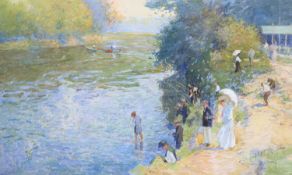 Elie Anatole Pavil (Ukrainian, 1873-1948)Figures on a river bank in summerWatercolourSigned and