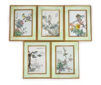 An assembled set of five Chinese enamelled porcelain ‘bird’ plaques, early - mid 20th century,