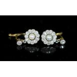 A pair of antique gold, pearl and diamond set circular cluster drop earrings,cluster 10mm in