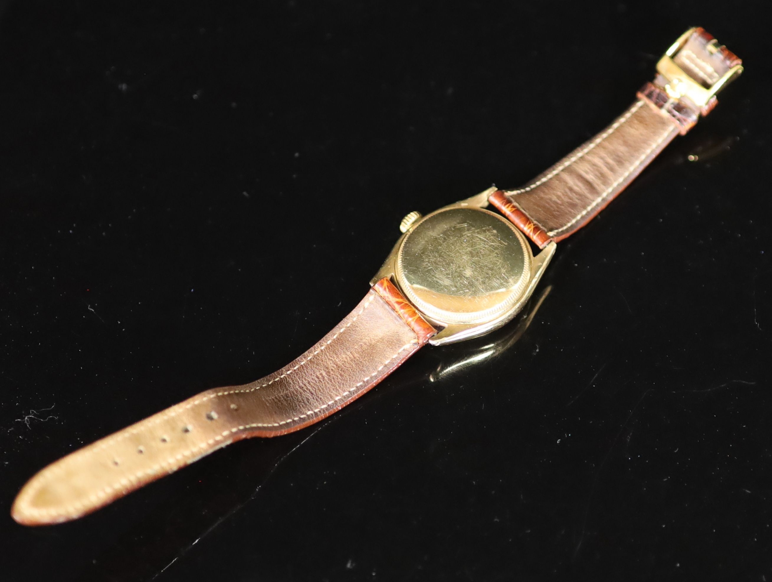 A gentleman's early 1950's 9ct gold Rolex Oyster Perpetual bubbleback wrist watch, on a leather - Image 4 of 4
