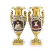 A pair of Paris porcelain vases, early 19th century,painted with King Francis I and Queen