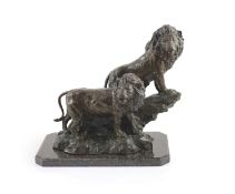 Barry Jackson (SA, 1948-), a bronze group of two lions,standing upon a naturalistic base, signed