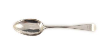 A George III Channel Islands silver tablespoon, initialled ‘S.D.C’ over ‘K.A’, inscribed 1798,