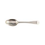 A George III Channel Islands silver tablespoon, initialled ‘S.D.C’ over ‘K.A’, inscribed 1798,