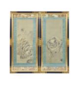 Kishi Ganku (1749-1838), a pair of Sumi paintings on silk of snow leopards, signed Tenkai Ganku,