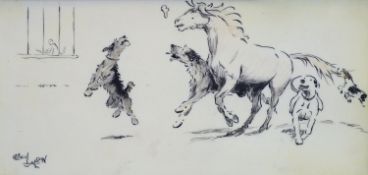 Cecil Aldin (1870-1935)Dogs running with a ponyPencil and ink on ivorine panelSigned8.5 x 18cm.