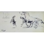 Cecil Aldin (1870-1935)Dogs running with a ponyPencil and ink on ivorine panelSigned8.5 x 18cm.