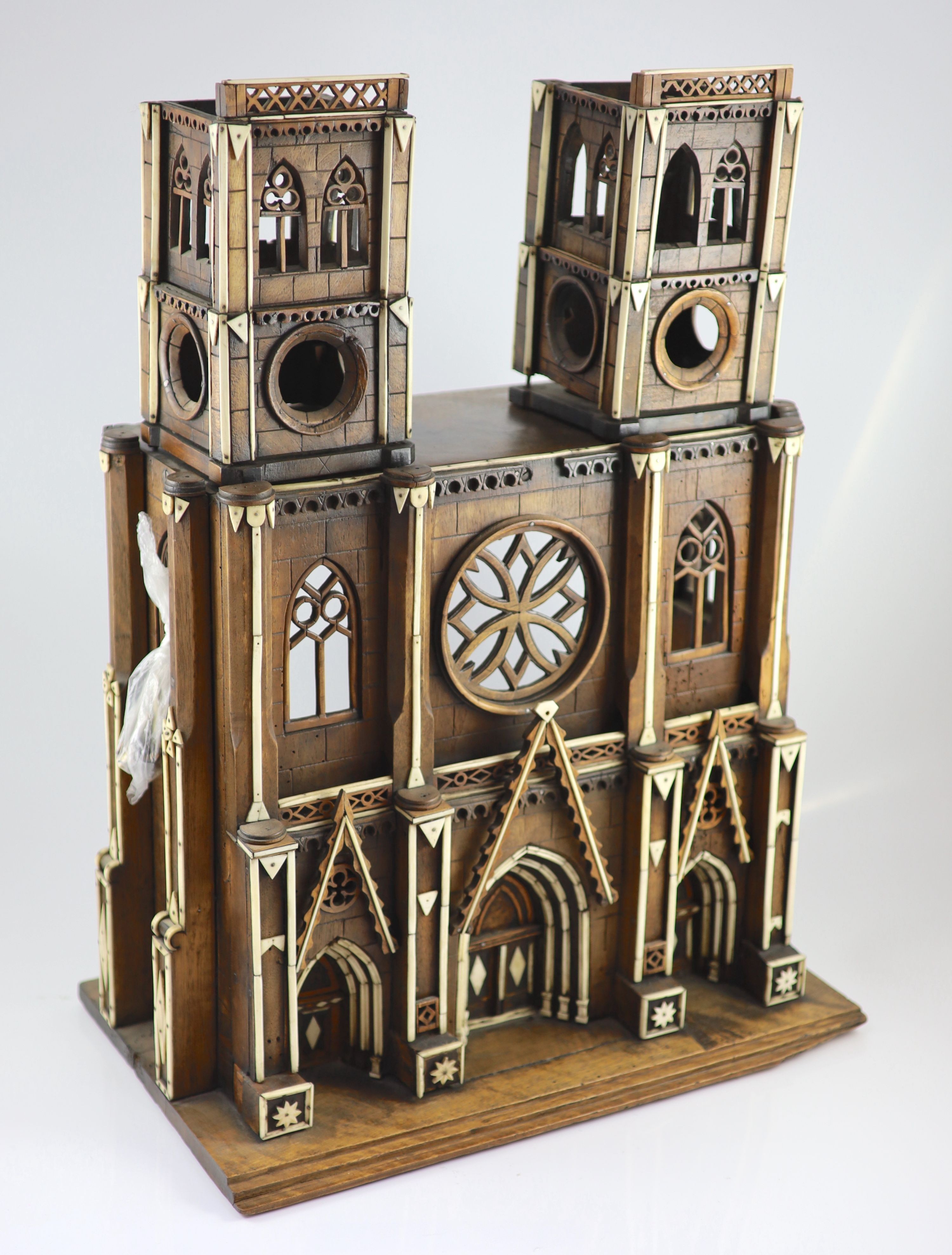 A 19th-century French walnut and ivory model of Notre Dame Cathedralwith carved and pierced windows - Image 6 of 8