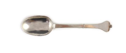 A provincial English silver trefid spoon, marks untraced, initialled to terminal underside ‘IRS’,