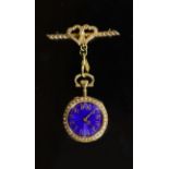 An early 20th century Swiss enamelled keyless 18ct gold fob watch,with split pearls set to the