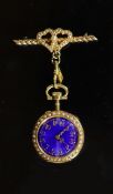 An early 20th century Swiss enamelled keyless 18ct gold fob watch,with split pearls set to the