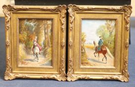 Franz Quaglio (German, 1844-1920)Equestrians on country lanesPair of oils on wooden panelsSigned21