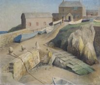 § Billie Waters (1896-1979)Fishing Village with the Paris HotelOil on boardSigned37 x 44cm.