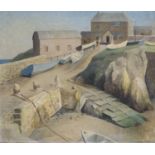 § Billie Waters (1896-1979)Fishing Village with the Paris HotelOil on boardSigned37 x 44cm.