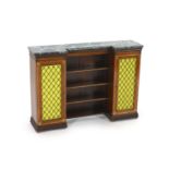 A small George IV brass inset rosewood drawf bookcase,with inverse breakfront and later green