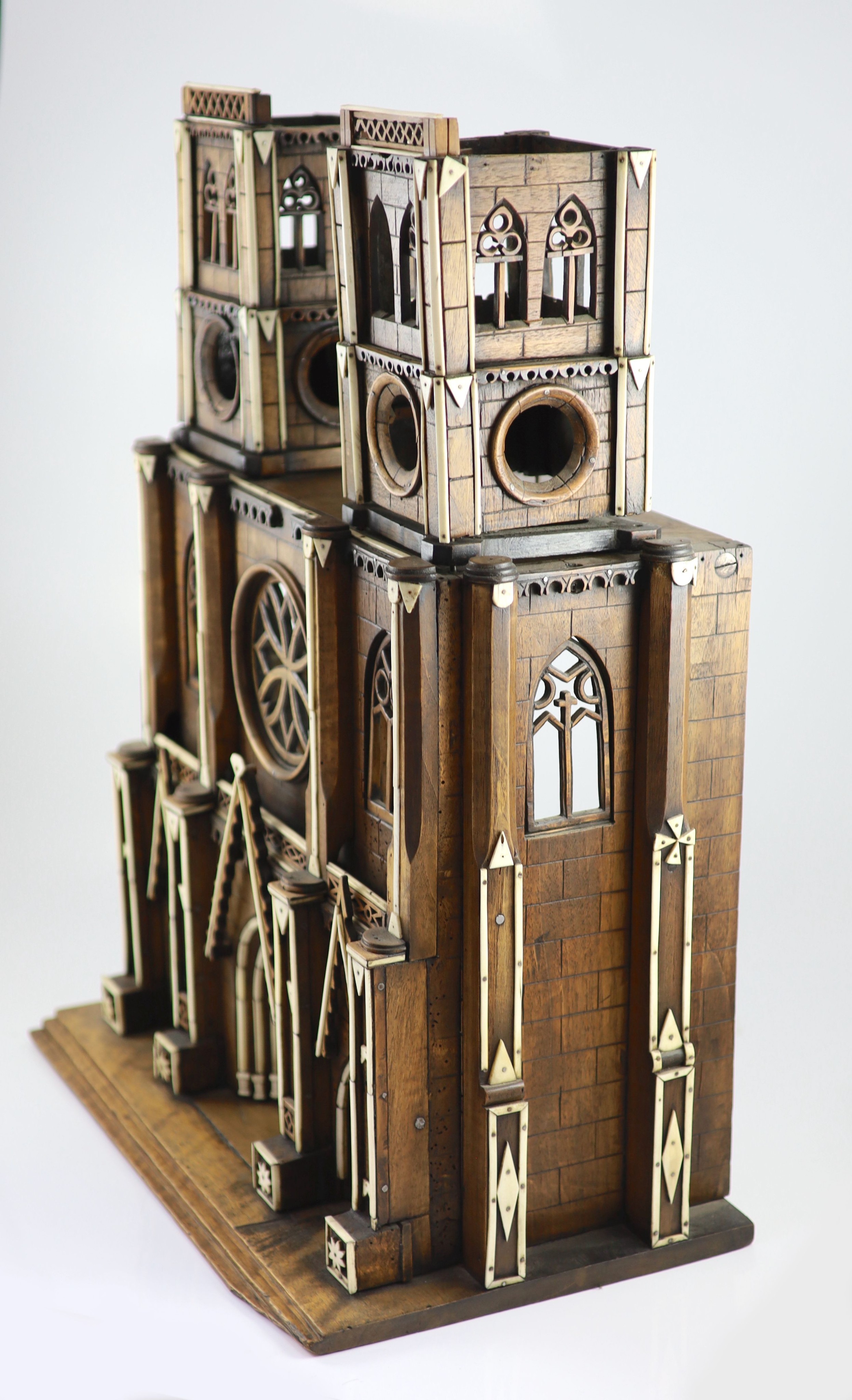 A 19th-century French walnut and ivory model of Notre Dame Cathedralwith carved and pierced windows - Image 8 of 8