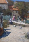 Mark Senior (1864-1927)Figures outside the artists cottage in Runswick BayOil on canvasSigned and