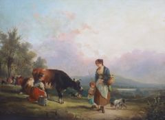 William Shayer Snr (1787-1879)Country folk on a path with a milkmaid and cowOil on canvas55 x 75cm.