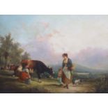 William Shayer Snr (1787-1879)Country folk on a path with a milkmaid and cowOil on canvas55 x 75cm.