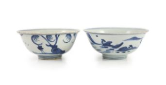 A pair of Chinese Ming blue and white bowls, Wanli period,each painted with continuous landscapes,