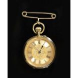 A late Victorian 18ct gold open face keyless fob watch,with yellow Roman dial and case back with