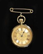 A late Victorian 18ct gold open face keyless fob watch,with yellow Roman dial and case back with