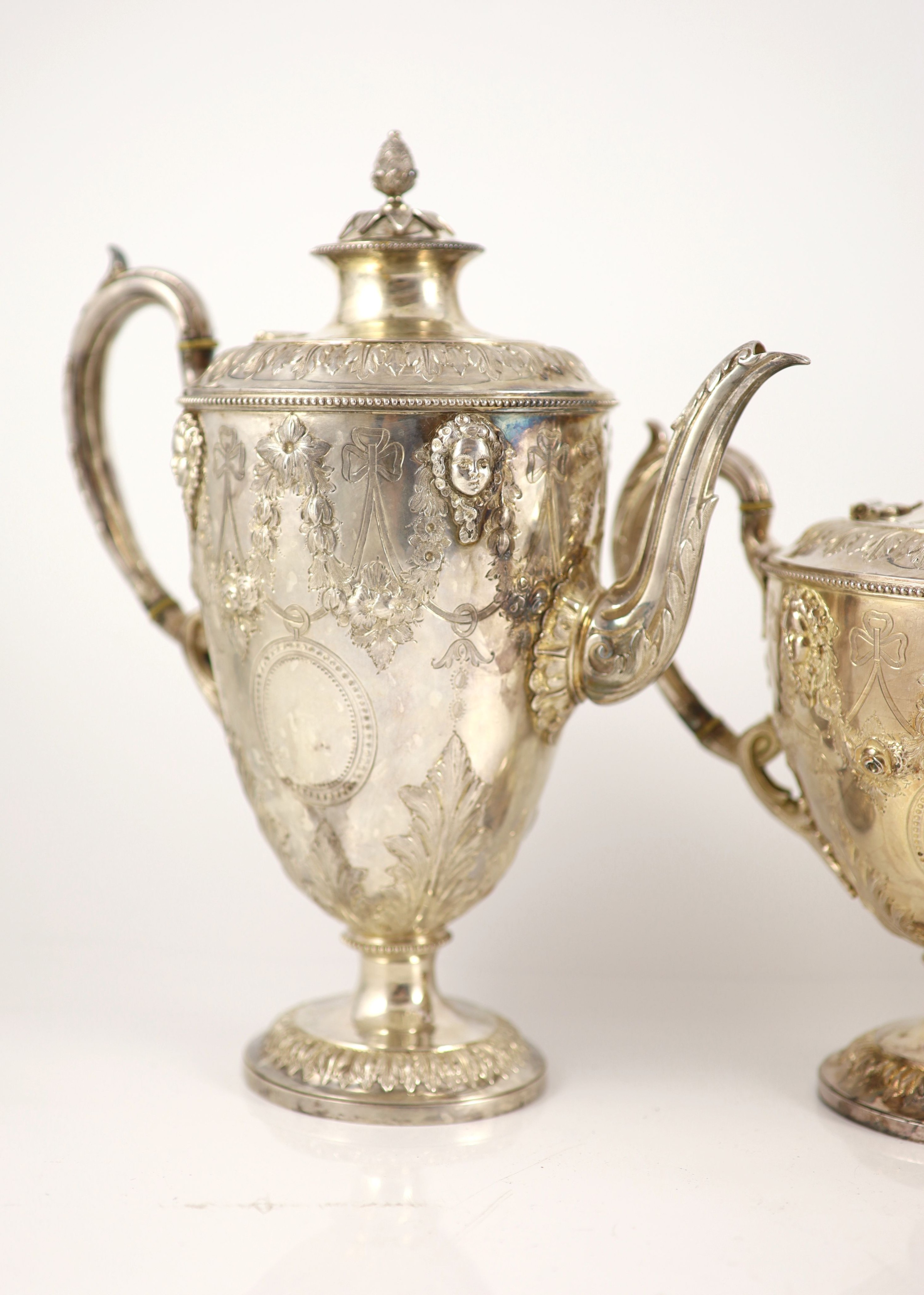 A Victorian embossed silver four-piece tea and coffee service of classical vase form, London 1886, - Image 2 of 6