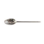 An 18th century fancy back silver mote spoon, circa 1750, 13cm long.