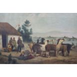South American School, circa 1900Peruvian lakeside scene with figures and llamasOil on canvasSigned