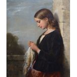 Edward John Cobbett (1815-1899)Girl with a lace handkerchiefOil on panelSigned and dated 185542 x
