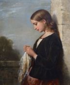 Edward John Cobbett (1815-1899)Girl with a lace handkerchiefOil on panelSigned and dated 185542 x