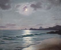 § Roger de la Corbiere (French, 1893-1974)Waves on the shore under moonlightOil on canvasSigned44 x