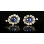 A pair of 19th century gold and silver, cabochon sapphire? and diamond set oval cluster earrings,