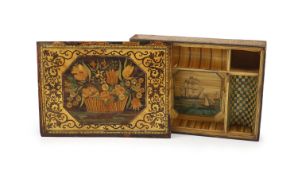 A 19th century French coloured straw work box and detachable cover, 37cmthe lid decorated with a