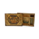 A 19th century French coloured straw work box and detachable cover, 37cmthe lid decorated with a