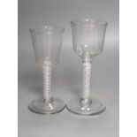 Two 18th century opaque twist stem wine glasses, tallest 17cm