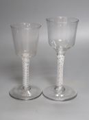 Two 18th century opaque twist stem wine glasses, tallest 17cm