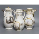 Three 19th century French gilt painted porcelain coffee pots, two without covers, tallest 28cm