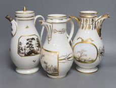 Three 19th century French gilt painted porcelain coffee pots, two without covers, tallest 28cm