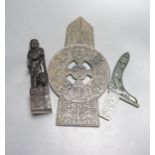 A Chinese archaistic stone plaque, a green hardstone model of an axe dagger and a soapstone 'Liu