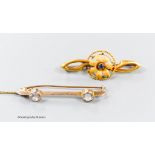 An Edwardian 15ct gold and sapphire set flower head bar brooch, 41mm, gross 2.6 grams and a 9ct and