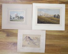 Three unframed watercolours; Grimsthorpe Castle, Lincoln, 20 x 29cm. View of Halmsworth and