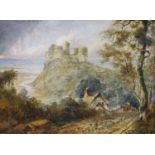 After Nasmyth, oil on canvas, coastal landscape with a castle, 30 x 40cm.