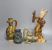 A Chinese Tang style sancai figure of a lady, a similar phoenix head ewer, a Yue type oil lamp and