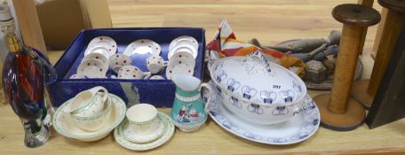 A childs 1960's tea set, blue and white tureen stand, Religious carving, 1960's/70's fabric and