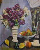 After George Leslie Hunter, oil on board still life of flowers and fruit on the table top, bears